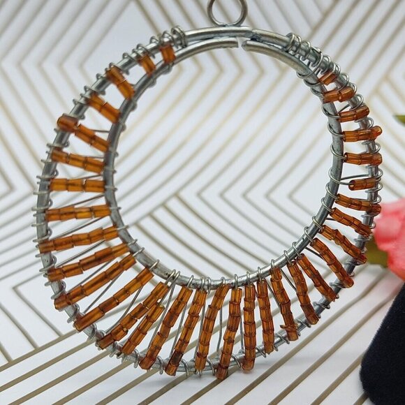 Pretty Large Silver Tone & Amber Color Seed Bead Statement Hoop Earrings Dangle - Picture 2 of 7
